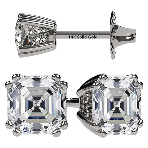 NANA Jewels Asscher Cut 14K Solid Gold Posts & Sterling Silver Simulated Diamond Stud Earrings 0.75 to 4.00ctw CZ