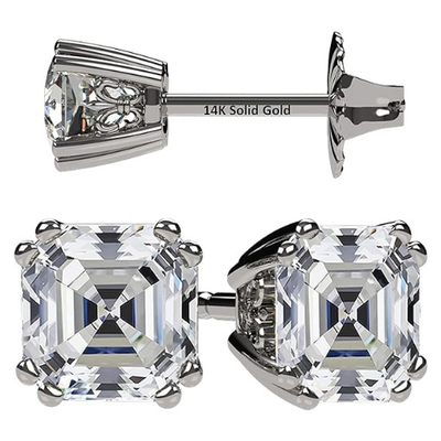 NANA Jewels Asscher Cut 14K Solid Gold Posts & Sterling Silver Simulated Diamond Stud Earrings 0.75 to 4.00ctw CZ