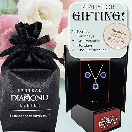 Central Diamond Center Round Halo Earring & Necklace Set w/ 6.5mm Simulated Birthstones in 925 Sterling Silver, Hypoallergenic