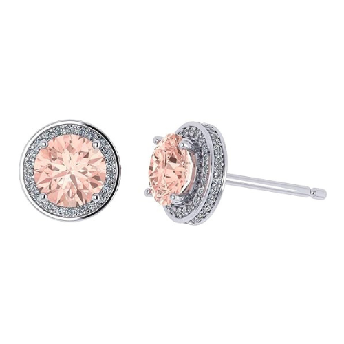 Simulated Morganite Pure Brilliance Zirconia Round Halo Stud Earrings in Solid Sterling Silver, Hypoallergenic
