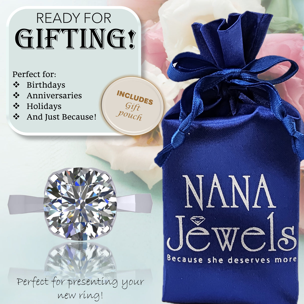 NANA Jewels 2.00ct-3.00ct Simulated Diamond Zirconia Engagement Ring Round Cut Heart & Soul Solitaire Sterling Silver