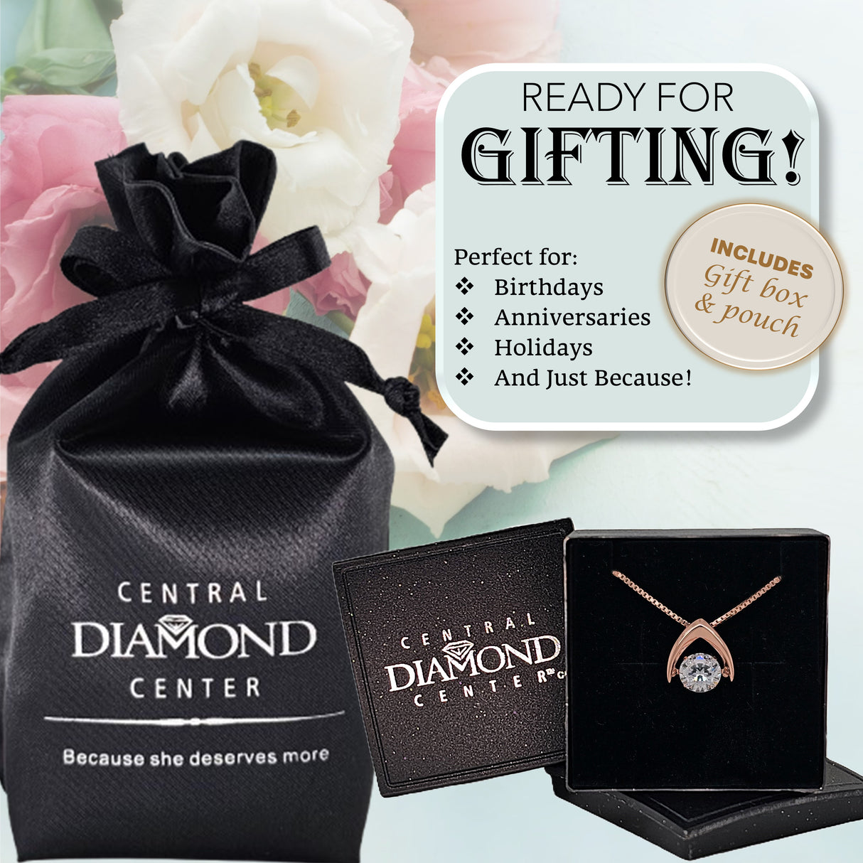 Central Diamond Center Omega Dancing Gemstone Necklace for Women in 925 Sterling Silver & Pure Brilliance Zirconia CZ