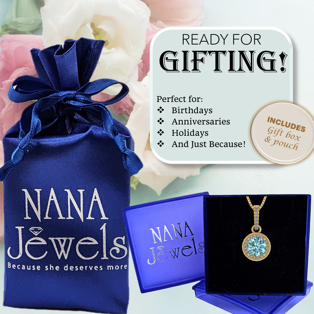 NANA Jewels Round Halo Simulated Aquamarine Pure Brilliance Zirconia Earrings & Necklace in Solid Sterling Silver