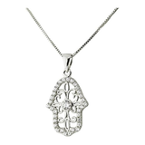 Central Diamond Center Simulated Diamonds Halo Hamsa Pendant Sterling Silver and box chain