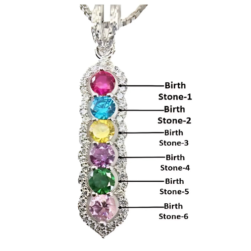 Model wearing personalized Halo Tower Mothers Necklace.