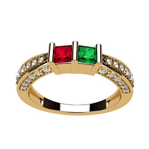 Central Diamond Center Princess Cut Birthstone Couples Ring w/CZs on 3 Sides, Sterling Silver, 10K, or 14K Gold