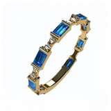 Central Diamond Center Baguette Stackable Birthstone Ring Band w/ Simulated Birthstones, Sterling Silver