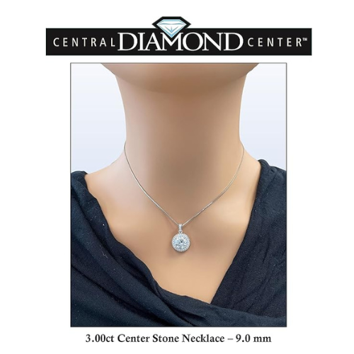 Round Simulated Diamond Solitaire Necklace/Pendant- Double Halo from 1 to 3 carat center- Sterling Silver