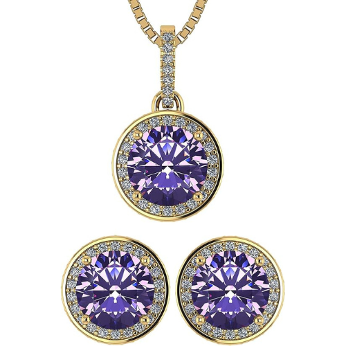 Central Diamond Center Round Halo Earring & Necklace Set w/ 6.5mm Simulated Birthstones in 925 Sterling Silver, Hypoallergenic