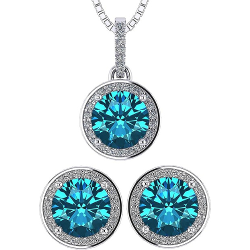 Central Diamond Center Round Halo Earring & Necklace Set w/ 6.5mm Simulated Birthstones in 925 Sterling Silver, Hypoallergenic