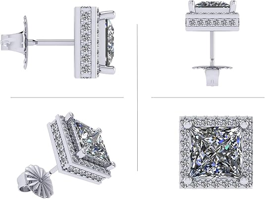 Princess Halo Earrings W/ Pure Brilliance Zirconia In Sterling Silver Mounting, Hypoallergenic