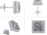 Princess Halo Earrings W/ Pure Brilliance Zirconia In Sterling Silver Mounting, Hypoallergenic