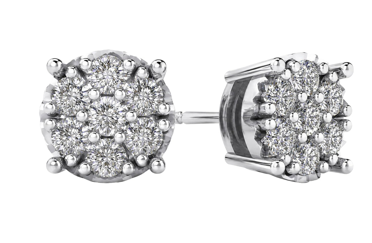 Diamond Stud Earrings CVD Lab Grown Diamonds solid 14K post & Silver basket, 7 or 9 Stone Cluster