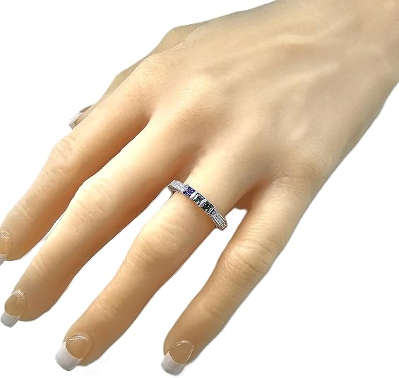 Central Diamond Center Princess Mothers Birthstone Ring w/Accent CZs on 3 Sides w/1-6 Simulated Gemstones in Silver, 10K or 14K Gold