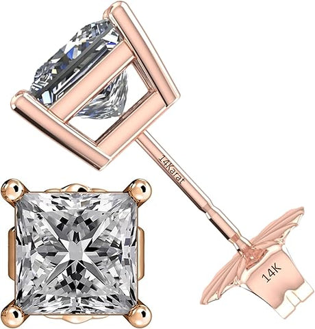 Central Diamond Center Princess Cut CVD Lab-grown Diamond Stud Earrings 14K solid Gold from 0.20ct to 2.00ct E-F VS-SI