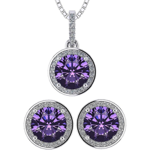 Central Diamond Center Round Halo Earring & Necklace Set w/ 6.5mm Simulated Birthstones in 925 Sterling Silver, Hypoallergenic