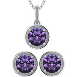 Central Diamond Center Round Halo Earring & Necklace Set w/ 6.5mm Simulated Birthstones in 925 Sterling Silver, Hypoallergenic