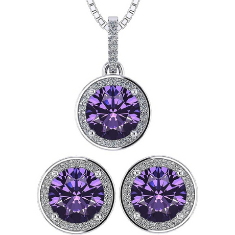 Central Diamond Center Round Halo Earring & Necklace Set w/ 6.5mm Simulated Birthstones in 925 Sterling Silver, Hypoallergenic