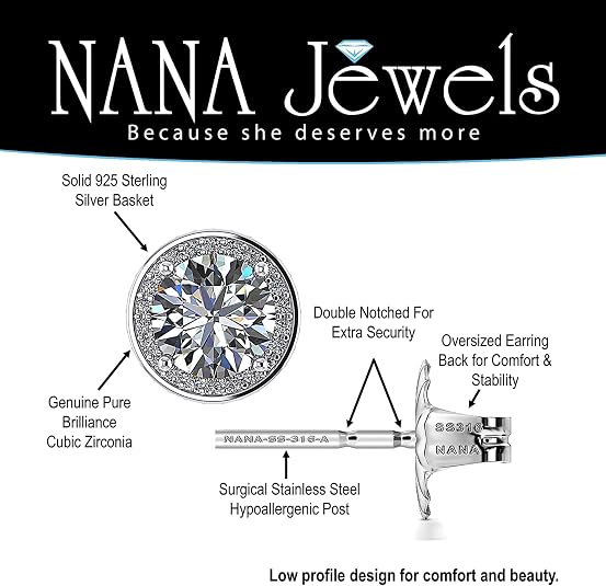 Round Halo Simulated Diamond Stud Earrings, 925 Sterling Silver & Hypoallergenic Post 2.50-3.00ctw CZ