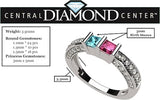 Central Diamond Center Princess Mothers Birthstone Ring w/Accent CZs on 3 Sides w/1-6 Simulated Gemstones in Silver, 10K or 14K Gold