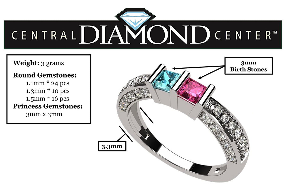Central Diamond Center Princess Mothers Birthstone Ring w/Accent CZs on 3 Sides w/1-6 Simulated Gemstones in Silver, 10K or 14K Gold