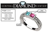 Central Diamond Center Princess Mothers Birthstone Ring w/Accent CZs on 3 Sides w/1-6 Simulated Gemstones in Silver, 10K or 14K Gold