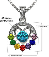 Central Diamond Center Heart in Circle Birthstone Mothers Necklace w/ 1-7 Simulated Gemstones in Solid Sterling Silver for Women