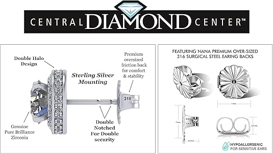 Round Halo Stud Earrings 0.85cttw-4.50cttw in Sterling Silver w/Pure Brilliance Zirconia, Hypoallergenic