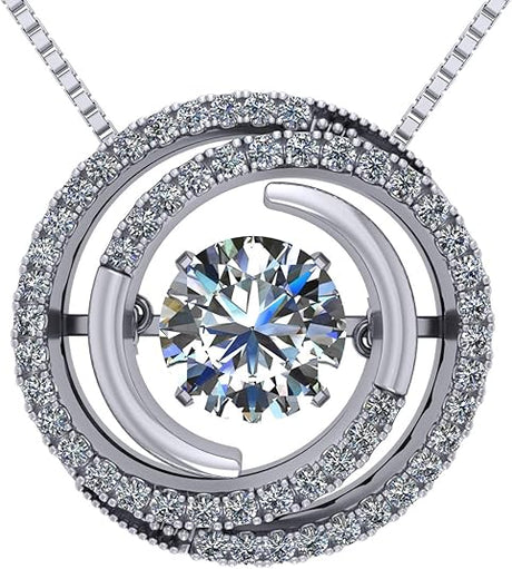 Central Diamond Center Circle Swirl Dancing Gemstone Dangle Earrings or Necklace in Sterling Silver w/Pure Brilliance Zirconia