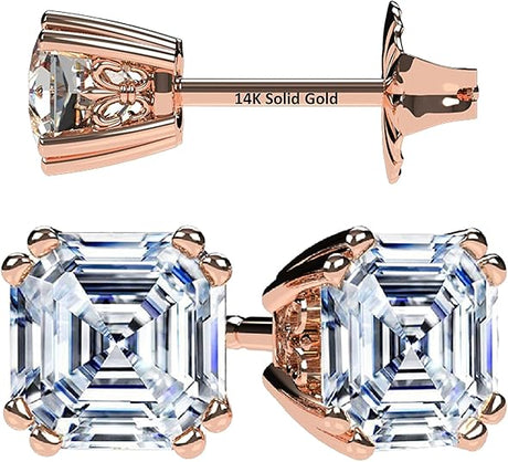 NANA Jewels Asscher Cut 14K Solid Gold Posts & Sterling Silver Simulated Diamond Stud Earrings 0.75 to 4.00ctw CZ