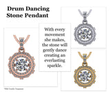 Drum dancing gemstone necklace on display.
