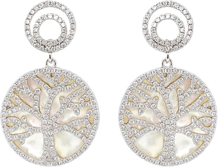 Central Diamond Center Sterling Silver Tree of Life Pendant Necklace or Earrings with CZ and Mother of Pearl – Gift for Women