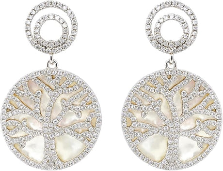 Central Diamond Center Sterling Silver Tree of Life Pendant Necklace or Earrings with CZ and Mother of Pearl – Gift for Women