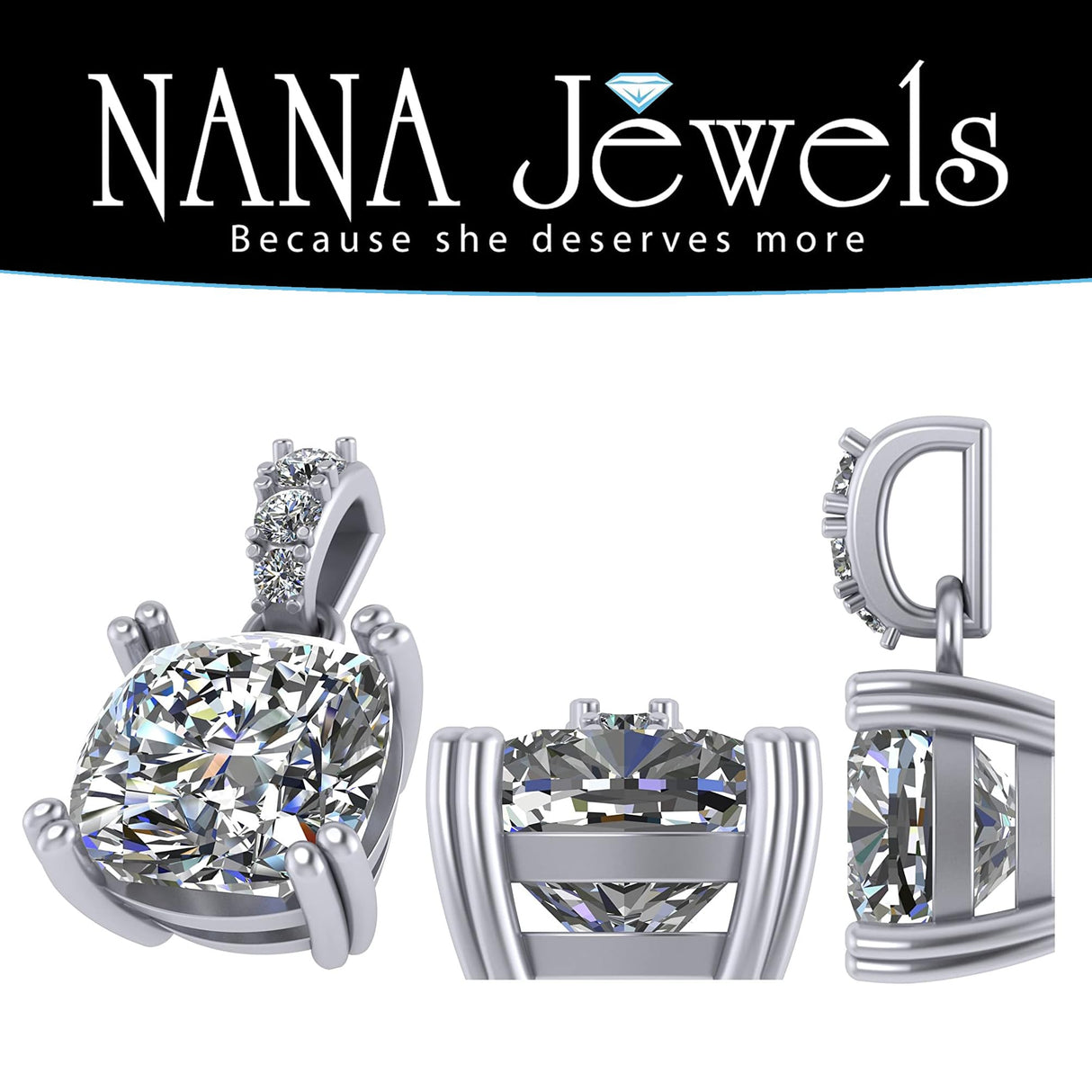 NANA Jewels Cushion Cut CZ Simulated Diamond Solitaire Necklace Sterling Silver 7-8mm Cubic Zirconia, 2.00ct & 3.00ct