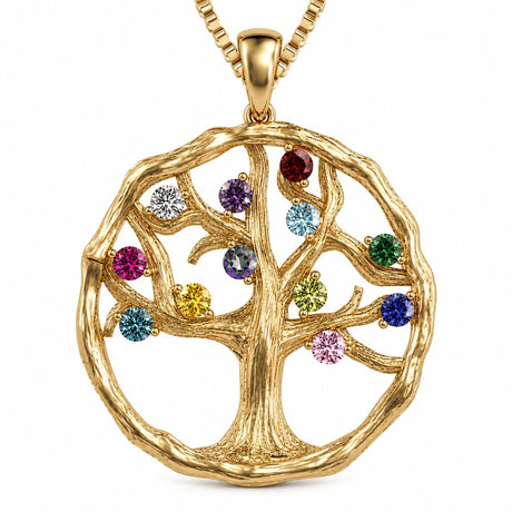 Central Diamond Center Tree of Life Mothers Birthstone Necklace in Silver-10K or 14K Gold. Up to 12stones