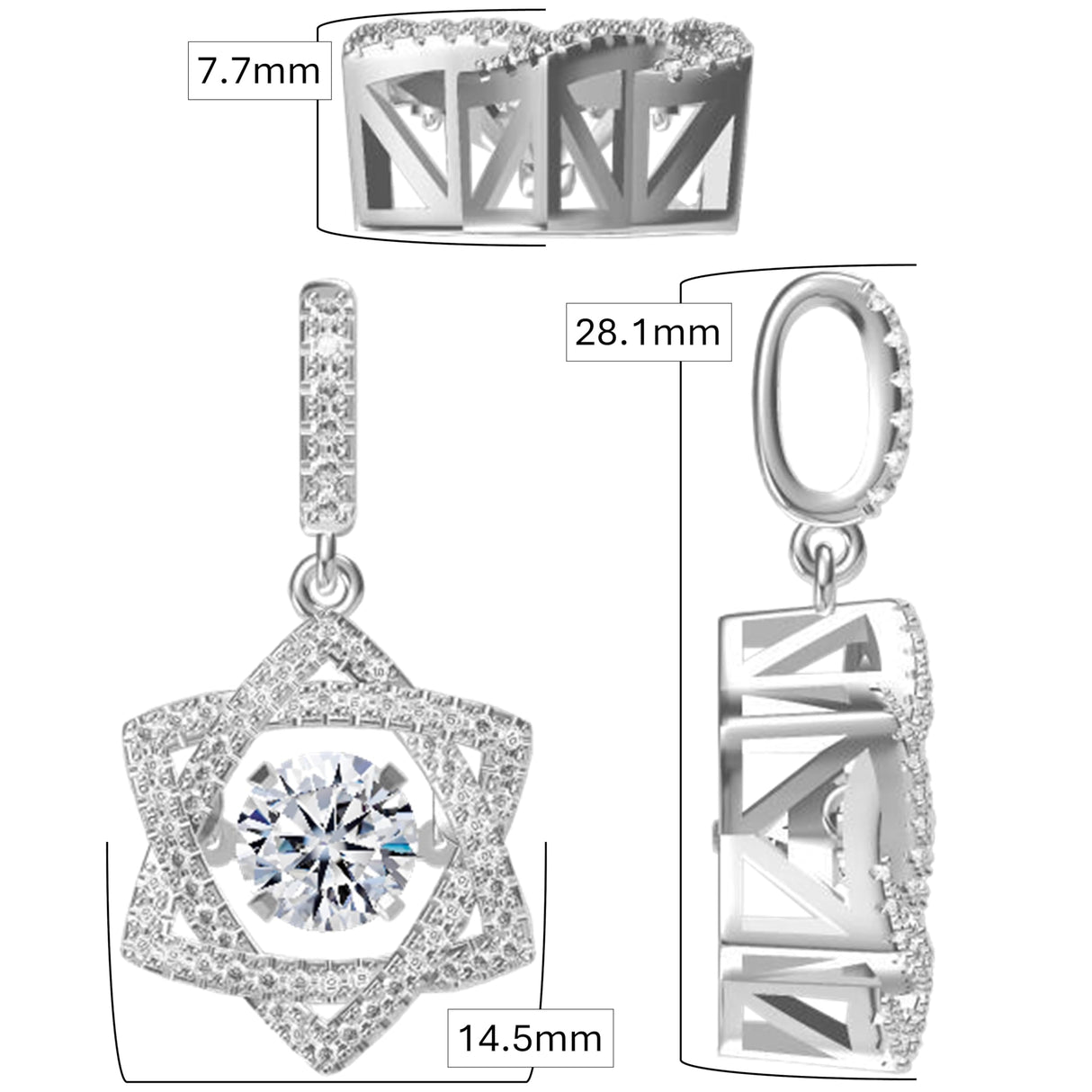 Dancing gemstone Star of David necklace on display.