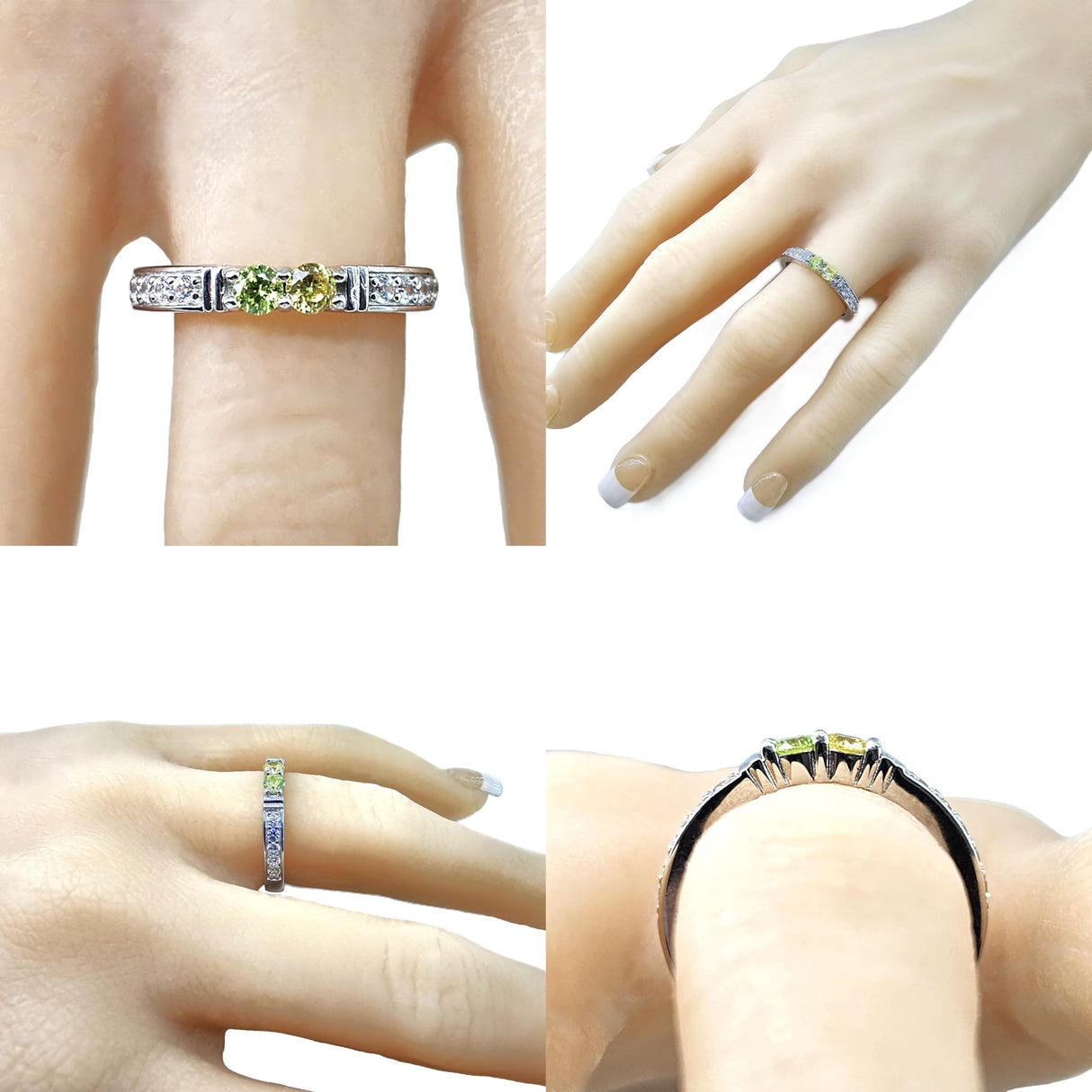 Central Diamond Center Shared Prong w/ Sides Couple 2 Stone Ring w/ Simulated Birthstones in Silver, 10K or 14k Gold