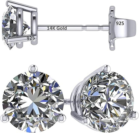 14K Gold Post & Sterling Silver Pure Brilliance Zirconia 3 Prong Martini Style Stud Earrings 1.0ct to 4ct