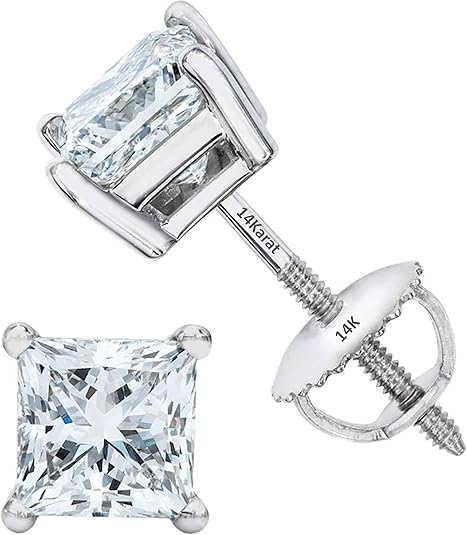 Central Diamond Center Princess Cut CVD Lab-grown Diamond Stud Earrings 14K solid Gold from 0.20ct to 2.00ct E-F VS-SI