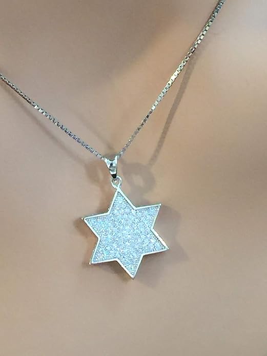 Central Diamond Center Star of David Pendant Sterling Silver and Pure Brilliance CZ w/Box Chain(20mm x 16mm)