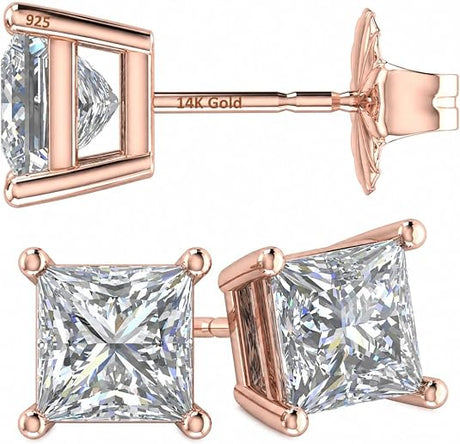 14K Gold Posts & Sterling Silver Princess Cut CZ Stud Earrings w/Pure Brilliance Zirconia, 1.50-4.00ctw