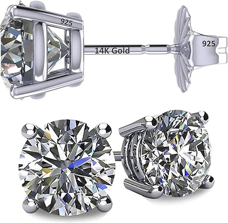 14K Solid Gold Post & Silver Simulated Diamond Stud Earrings-cubic zirconia earrings studs .30ct to 8.00ct