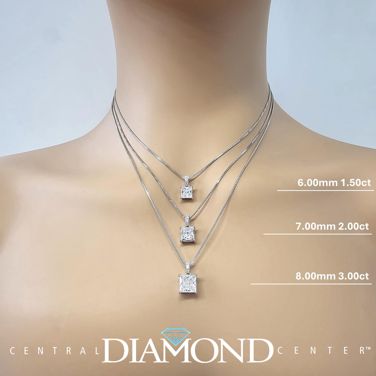 Princess Cut Solitaire Necklace, 4 Prong Sterling Silver w/Pure Brilliance Zirconia, 6.0mm, 7.0mm & 8.0mm