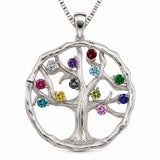 Central Diamond Center Tree of Life Mothers Birthstone Necklace in Silver-10K or 14K Gold. Up to 12stones