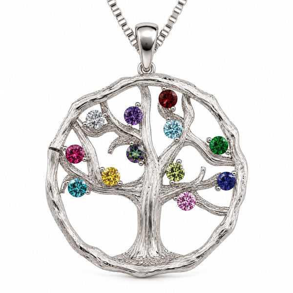 Central Diamond Center Tree of Life Mothers Birthstone Necklace in Silver-10K or 14K Gold. Up to 12stones