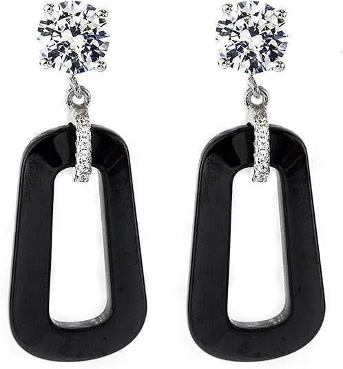 Central Diamond Center Black Ceramic & Pure Brilliance Zirconia CZ Earrings and Necklace