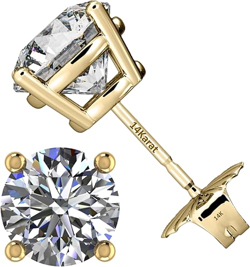 Central Diamond Center Round Cut CVD Lab-grown Diamond Stud Earrings 14K solid Gold from 0.20ct to 2.00ct E-F VS-SI