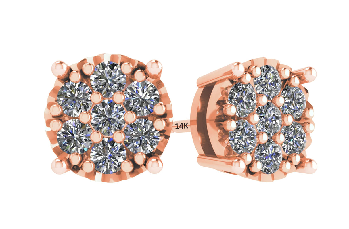 Diamond Stud Earrings CVD Lab Grown Diamonds solid 14K post & Silver basket, 7 or 9 Stone Cluster