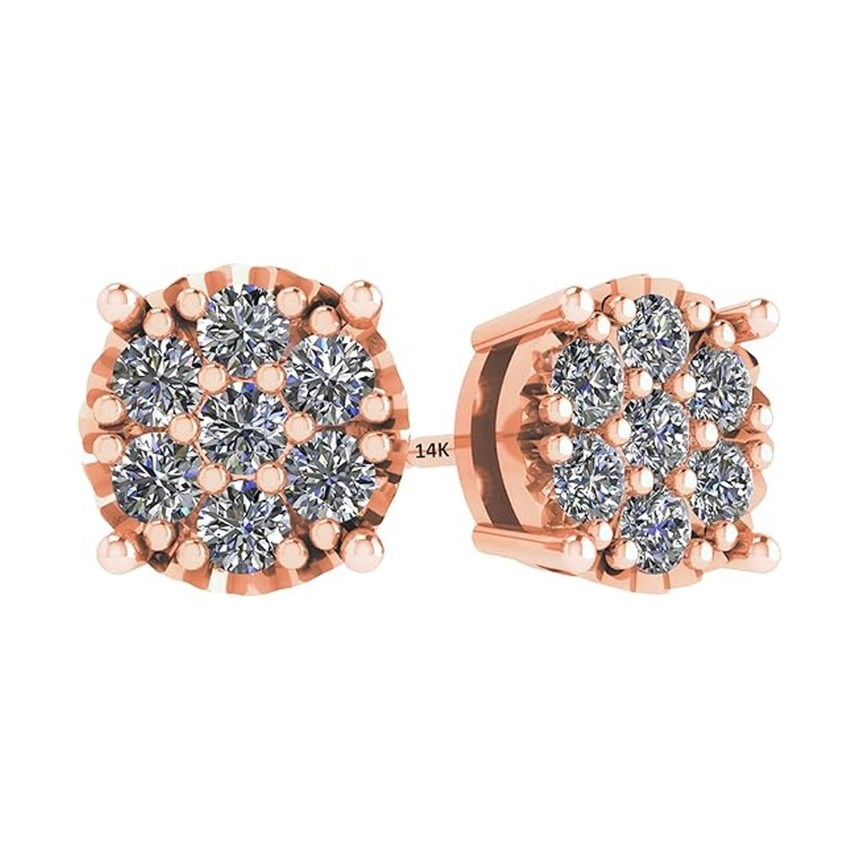 Diamond Stud Earrings CVD Lab Grown Diamonds solid 14K post & Silver basket, 7 or 9 Stone Cluster