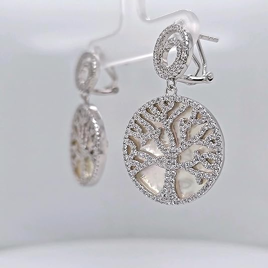 Central Diamond Center Sterling Silver Tree of Life Pendant Necklace or Earrings with CZ and Mother of Pearl – Gift for Women
